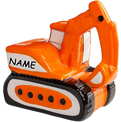alles-meine.de GmbH große Spardose - Bagger - 14 cm - mit Verschluss - incl. Name - stabile Sparbüchse - aus Keramik/Porzellan - für Kinder & Erwachsene/Sparschwein/lustig ..