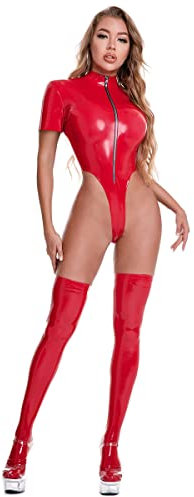 Latex Catsuit Frauen Sexy Damen Wetlook Metallic Body Bodysuit Catsuit Langarm Kurzarm Top Trikot Leotard Clubwear Lack Leder Kleid + Latex Strümpfe Lang Anzug Halloween Catwoman Kostüm Rot 05 L
