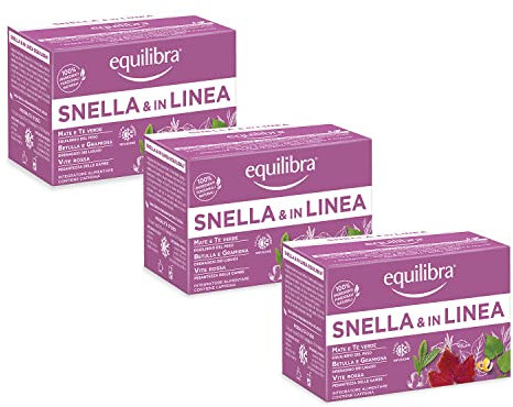 Equilibra Integratori Alimentari Tisane, Tisana Snella e In Linea, 100% Ingredienti Funzionali per l'Equilibrio del Peso Corporeo, con Mate e Tè Verde, Materiali 100% Riciclabili, 3 Pezzi da 15 Filtri