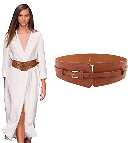 TOEECY Damen Gürtel Breiter Elastischer PU Leder Doppelte Lage Taillengürtel mit Schnalle Vintage Hüftgürtel für Frauen kleider Elastic Belt (Braun)