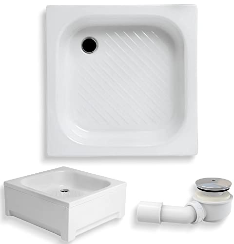 KOLMAN Duschwanne 70x70x15 cm Quadratisch, Weiß, Acryl, Anti-Rutsch, SET Wannenträger + Ablaufgarnitur Ø 50 mm und Füße, Design-Duschtasse Viereck Karen