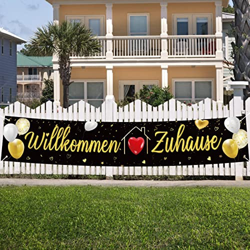 TankerStreet Willkommen Zuhause Banner, Girlande für Familie Heimkehr Deko, Lange Größe Party-Dekoration Wand Garten Tisch Familienfeiern Hintergrund 210 x 40 cm, Gold Schwarz