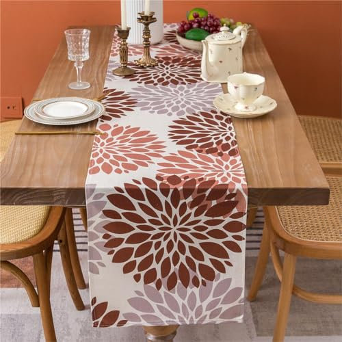 Tischläufer Frühling Leinen Tischwäsche Modern Braun und Grau Blumen Boho Tischdeko 40 x 140cm Tischläufer Bauernhaus Tischplatte für Küche Esstisch Party Bankett Hochzeit Couchtisch Biertisch Draußen