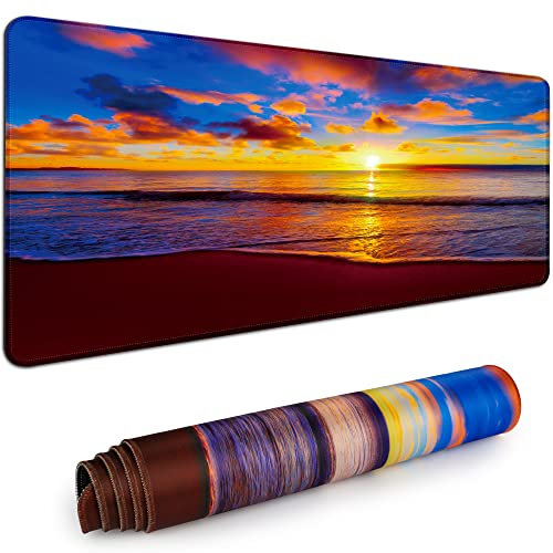 Grand tapis de souris de jeu étendu 89 x 40 cm XXL avec base antidérapante cousus pour ordinateur, bureau, clavier et ordinateur portable, coucher de soleil sur la plage