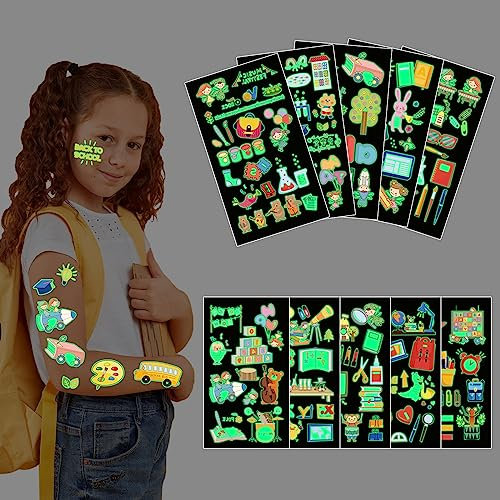 Einschulung Tattoos Mädchen Jungen, 10 Bögen Leuchtend Sticker Einschulung Aufkleber Kindertattoos Schulanfang Geschenke, Gastgeschenk Einschulung Kleinigkeiten für Die Schultüte