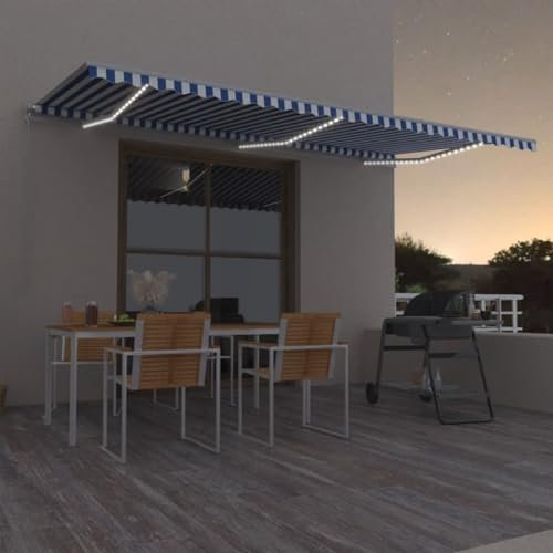 Gelenkarmmarkise Einziehbar mit LED, CIADAZ Sichtschutz Balkon, Balkon Markise, Seitenmarkise, Klemmmarkise, Sonnenvorhang, Balkonmarkisen, 600x350 cm Blau und Weiß