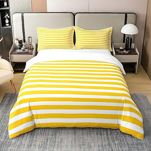 100% Baumwollstreifen Bettwäsche Set Gelb Weiß Gestreift Bettbezug 135x200 Bauernhaus Ticking Stripes Quilt Cover Gotische Horizontale Streifen Geometrische Linien Bequeme Tröster Abdeckung Kinder