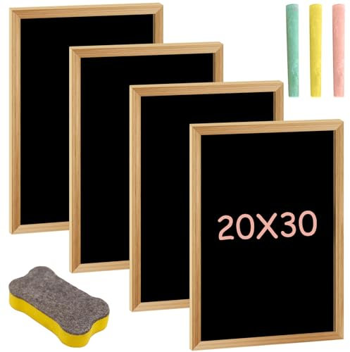4 Stück Kreidetafel mit Holzrahmen Sets, 30 x 20cm Mini Kreidetafel Memoboard, Beschriften Kreidetafeln aus Holz Kreiden Tafel mit 3 Kreiden und 1 Schwammradierer, für Kinder, Buffet, Hochzeit, Party