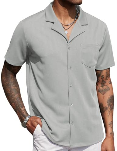 COOFANDY Mens Cuban Shirt Casual Button Down Shirts Camp Collar Short Sleeve Shirt Beach Summer Shirts Lightgrey M