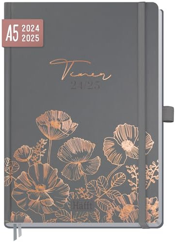 Häfft-Timer Deluxe 2024/2025 A5 Poppy Hardcover Schüler-Kalender Schüler-Planer, Schulplaner, Studienplaner/Semesterplaner für Oberstufe, Ausbildung & Uni - nachhaltig & klimafreundlich