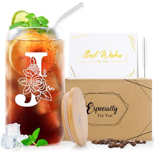 Psukhai A-Z 26 Initial Personalised Birthday Gifts for Women Girlfriend Best Friend Her Mum Sister Friendship Teacher Valentines Christmas Gifts for Dad Him Men, Iced Coffee Cup Gift with Lids Straws