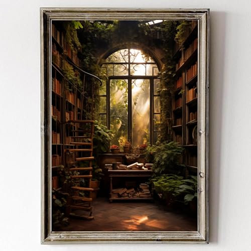 Wandkunst, Motiv: Abandoned Library, Viktorianisch, Gothic, mittelalterliches Schloss, überwachsener Botanischer Druck, Vintage, ästhetisch, 40,6 x 61 cm, ohne Rahmen
