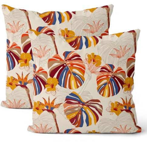 GIOPAMGO Sommer-Kissenbezüge mit tropischen Blättern, buntes Monstera-Palmen-Dekor, Leinen, für Outdoor, Couch, Sofa, Heimdekoration, 45,7 x 45,7 cm, 2 Stück