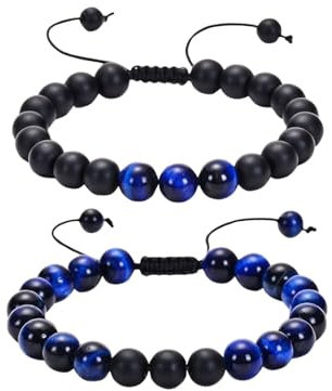 Wycian Couple Armband 2 Stück, Freundschaftsarmband Geflochten Perlen Tigerauge Kristall Schwarz Blau Verstellbare Glatte Natursteinperlen 17cmx8Mm