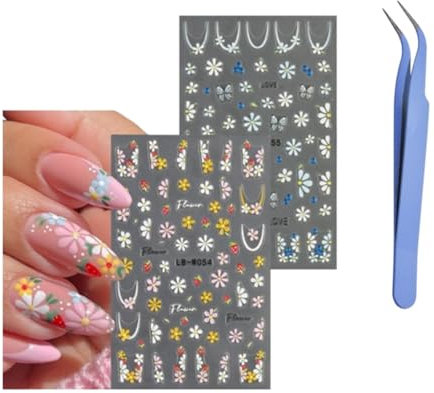 4 Sheets Flower Nail Art Stickers Decals Self-Adhesive Floral Summer Leaves Nail Supplies Nail Art Design 5D Daisy Flower Nail Art Stickers with Tweezer (Flower-4sheets)