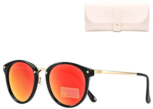 Cleoxyge Polarisierte Sonnenbrille Damen Herren,Vintage Elegant Metallrahmen UV400-Schutz Outdoor Für Fahren Reisebrille Mode Sonnenbrille (Polarisierte Mirror Red Lens & Schwarz-Gold Brillengestell)