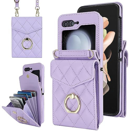 Draamvol for Samsung Galaxy Z Flip 6/ Z Flip 7 FE Phone Case, Wallet Shockproof PU Leather with Card Holder Ring Holder Detachable Necklace Magnetic RFID Blocking Hinge Protection Cover, Purple