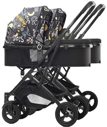 Tragbarer Doppel-Kinderwagen, Tandem-Kinderwagen für Säuglinge und Kleinkinder, verstellbarer einfach zusammenklappbare Kinderwagen, abnehmbarer Kinderwagen zum Sitzen und Liegen(Color:schwarz B)
