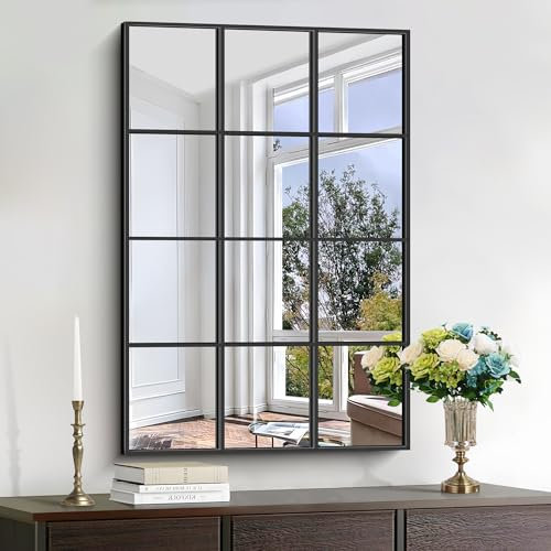 KOCUUY Rechteckig Wandspiegel 96 x 66 cm, Schwarz Dekorativer Fensterspiegel mit Metallrahmen, Groß Hängender Wand Spiegel für Wohnzimmer, Schlafzimmer, Flur