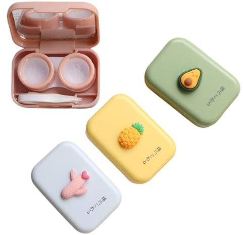 BEDARTIST 4 Pack Portable 3D Fruit Contact Lens Case, Travel Contacts Len Case Box Holder, Contact Lenses Tweezers Remover Tool Kit for Daily Traveling (Assorted Color)
