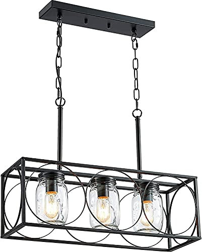 Hanging Lamp, Fashionable Mason Jar Chandelier Light, Rustic Farmhouse Pendant Lighting Compatible with Kitchen Island, 3-Light Mason Jar Dining Room Hanging Light Fixtures, Black Linear Flush Mount