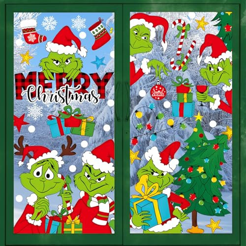 JRYBXS Fensterbilder Weihnachten, 8/9 Stück Wiederverwendbar Doppelseitiger Weihnachtsdeko Fenster, für Weihnachten Party Zuhause Fensterdeko (Grün)