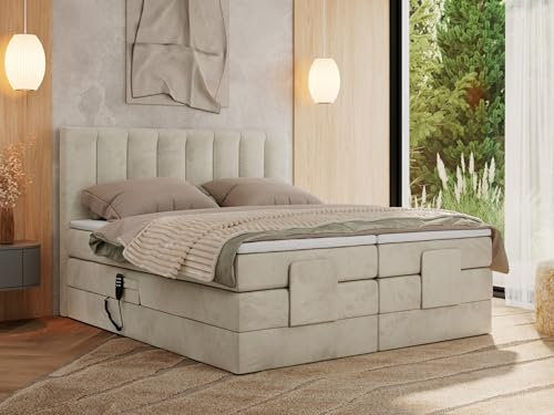 MKS MEBLE Boxspringbett 180x200 elektrisch verstellbar 7-Zonen Taschenfederkern Matratze und Topper Bett 180x200 mit Motor Polsterbett Motorbett - Comforto - Beige Velvet - H3