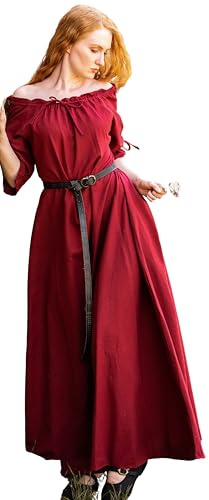 Leonardo Carbone® Damen Kleid Melisande | Anpassbare Details | Fließendes Design | Karneval, Halloween, Cosplay, LARP, Mittelalter, Wikinger, Kostüm | 100% Baumwolle Rot M