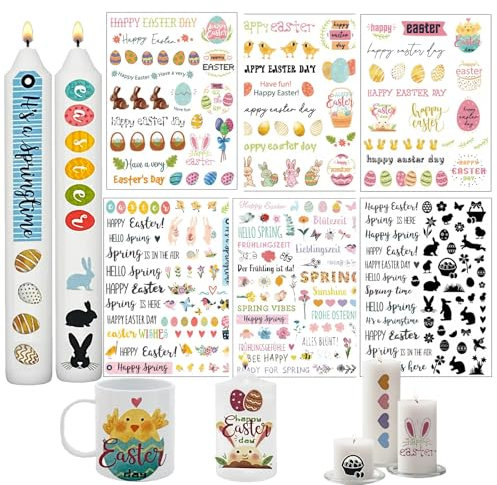 Jadeunm Kerzenaufkleber Ostern, 6 Stück, Wassertransferdruck, Keramik, Weiß, Sticker für Kerze & Tasse, DIY Geschenk