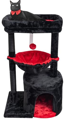 SYANDLVY Gothic Cat Tree with Coffin Bed for Indoor Cats, Cat Tower with Scratching Post, Modern Activity House for Large Cats, Condo with Cradle, Kittens Cave, Black & Red