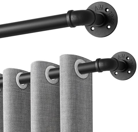 Qlfyuu Curtain Poles Industrial Curtain Rail, Curtain rod for Windows Black Rust-Resistant, Extendable Shower Curtain Poles Metal for Indoor and Outdoor (Black, 76-310cm)