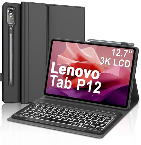 SENGBIRCH Funda con Teclado para Lenovo Tab P12 12.7, Lenovo Tab P12 Funda Teclado, Español Bluetooth Retroiluminación Inalámbrico Desmontable para Lenovo P12 Tablet 2023 12.7 TB370FU, Negro