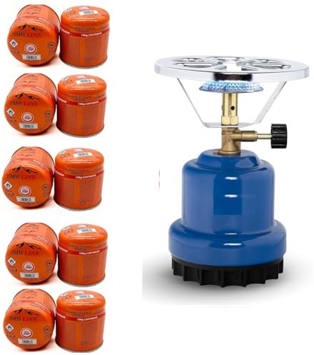 SMH LINE® Réchaud de camping - Réchaud à gaz portable - Bouteilles de gaz 190g incluses (Avec 10x cartouches de gaz)