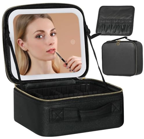 Piorlado Travel Makeup Bag with LED Lighted Mirror, Lighted Makeup Train Case with Mirror 3 Color Setting Cosmetic Makeup Box Organizer Vanity Case, with Adjustable Dividers, Rechargeable (Black)