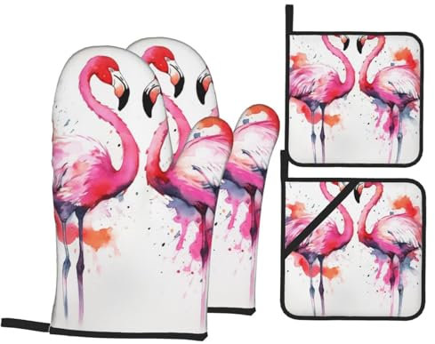 Ofenhandschuh und Topflappen mit Flamingo-Motiv, hitzebeständig, Küchenhandschuhe und Topflappen zum Kochen, Backen, Grillen, 4 Stück