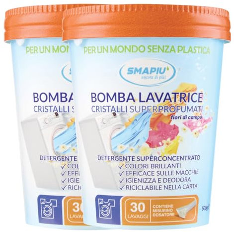 BOMBA LAVATRICE Smapiù, Detersivo in Polvere Concentrato, con Cristalli Super Profumati ai Fiori di Campo - 1 kg x 60 lavaggi - Confezione Plastic FREE - Amami BEAUTY
