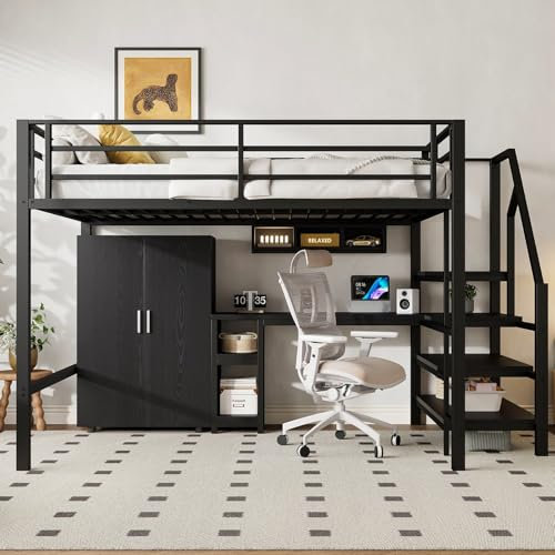 KOMHTOM 140 x 200 cm Multifuncional Litera con armario y estante, cama elevada con escalera de almacenamiento y escritorio(sin colchón) (Negro)