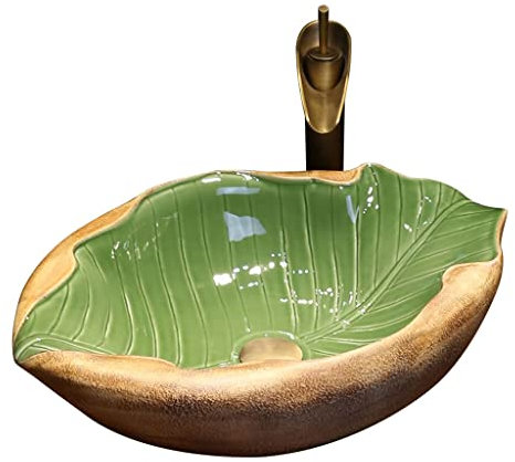 WOTZOV Lavandino da appoggio per Bagno, lavabo da appoggio Creativo in Ceramica con Motivo a Foglia, lavabo da appoggio con Rubinetto.
