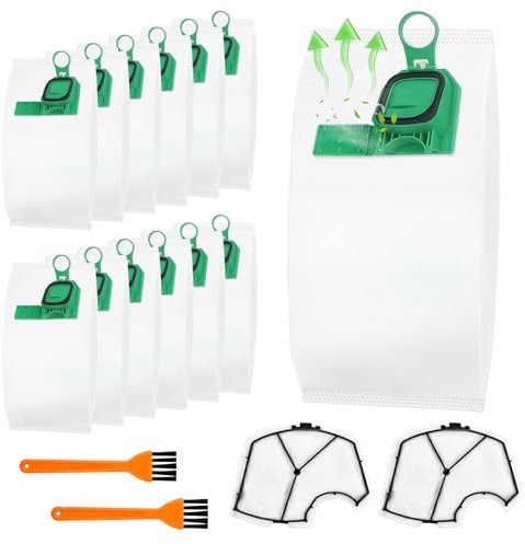 12 Sacchetti per folletto vk140 vk150 con 2 Filtri 2 pennello pulito, Sacchetti compatibili in microfibra per Aspirapolvere Folletto VK140 e VK150, filtraggio a 5 strati antipolline per pelo animali