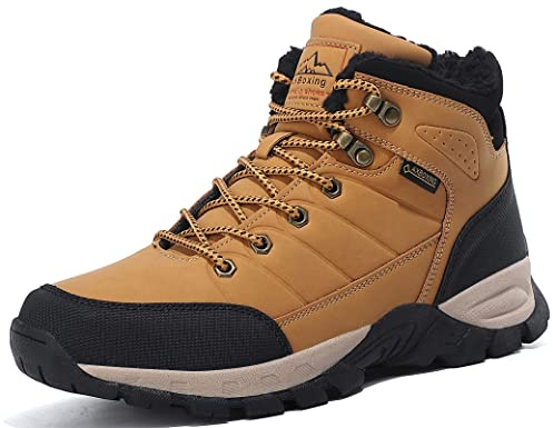 ARRIGO BELLO Walking Boots Mens Winter Snow Boots Hiking Warm Fur Ankle Trekking Leather Non-Slip Outdoor Boot Size 7-11UK (B-Yellow, Size 9)