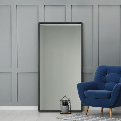 MirrorOutlet The Naturalis - Solid Black Oak Rounded Corners Modern Leaner Wall Mirror 63 X 31 (160CM X 80CM) 48m deep frame Premium Mirror Glass with Black Backing. Scandinavian Inspired!