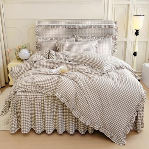mixinni Hellbraunes Gingham-Rüschen-Bettwäsche-Set für Queen-Size-Betten, 100% Gewaschene Baumwolle, Vintage-Karo-Rüschen-Bettwäsche-Set mit Reißverschlüssen, weich, cremefarben, kariert