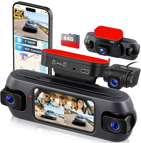 Hodozzy 4K 4 Canali Dashcam Auto, Dash Cam Telecamera per Auto con Controllo WIFI e App, GPS Dashcam da 3 pollici con Registrazione in Loop, Visione Notturna, Sensore G, Monitor di Parcheggio+ Scheda