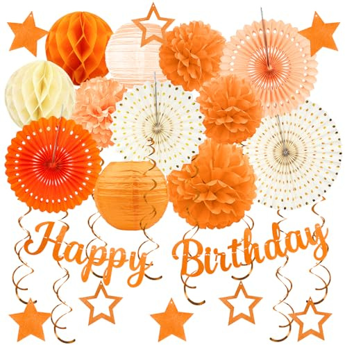 Orange Geburtstagsparty-Dekorationen - 29 Stück Orange Beige Partydekoration für Frauen Mädchen, Herbst Pfirsich Thanksgiving Deko Happy Birthday Banner Papier Tissue Pom Poms - ZERODECO