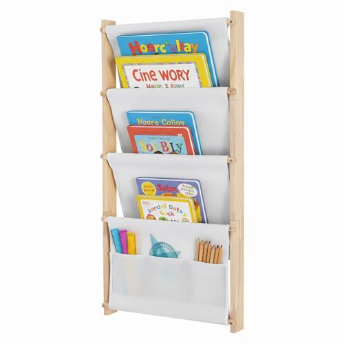4-Tier Wall Mounted Kids Bookshelf,Wood Book Shelf Display Rack with 2 Bottom Pockets,Floating Book Shelf for Kids Rooms,Classroom,Nursery,Hanging Bookcase Organizer for Toys and Books