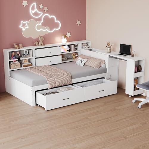 WIZBED Kinderbett 90x200, Einzelbett Holzbett mit 2 Schubladen, Bücherregal und ausziehbarer Schreibtisch, Stauraumbettt Bettgestell mit Lattenrost, ohne Matratze