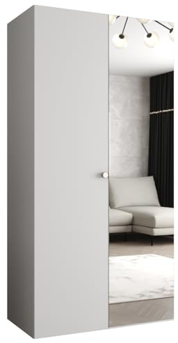MEBLE KRYSPOL - Kleiderschrank - Garderobenschrank - 100 cm x 202 x 52 cm - Schrank mit Kleiderstange und Spiegel, 2 Türen - für Schlafzimmer, Flur - Parma, Weiß, Griff Silber