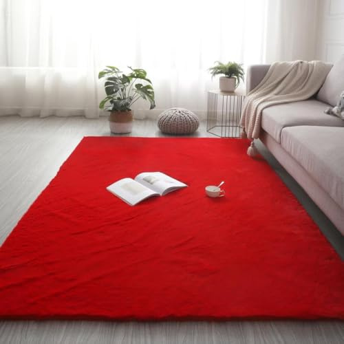 GGBOND Kaninchenfell-Teppich, 120 x 160 cm, ultraweich, flauschig, rutschfest, waschbar, hochdichter Plüschteppich für Wohnzimmer, Schlafzimmer, Rot