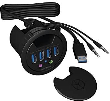 ICY BOX USB-Tisch-HUB (60 mm) zum Einbau, 4x USB 3.0 Anschlüsse, Audio Ein-/Ausgang, Kabeldurchführung, IB-HUB1403A