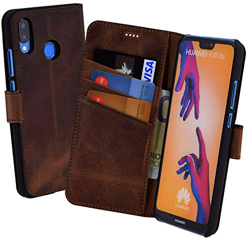 Suncase Book-Style kompatibel für Huawei P20 Lite Hülle (Slim-Fit) Leder Tasche Handytasche Schutzhülle Case (mit Standfunktion und Kartenfach - Bruchfester Innenschale) in antik Coffee